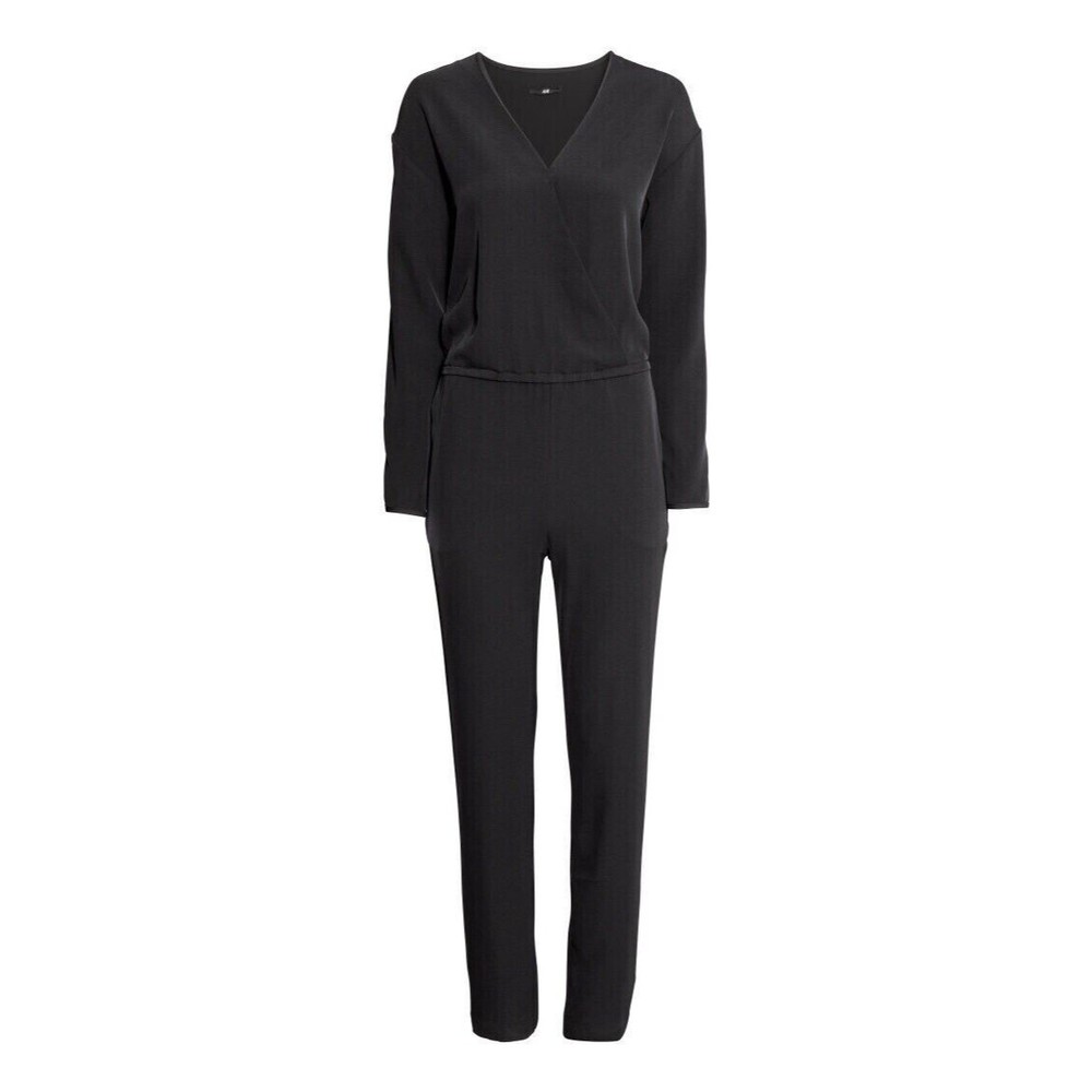 H&M Surplice Long Sleeve Blouson Tapered Leg Jumpsuit Black 8 Romper